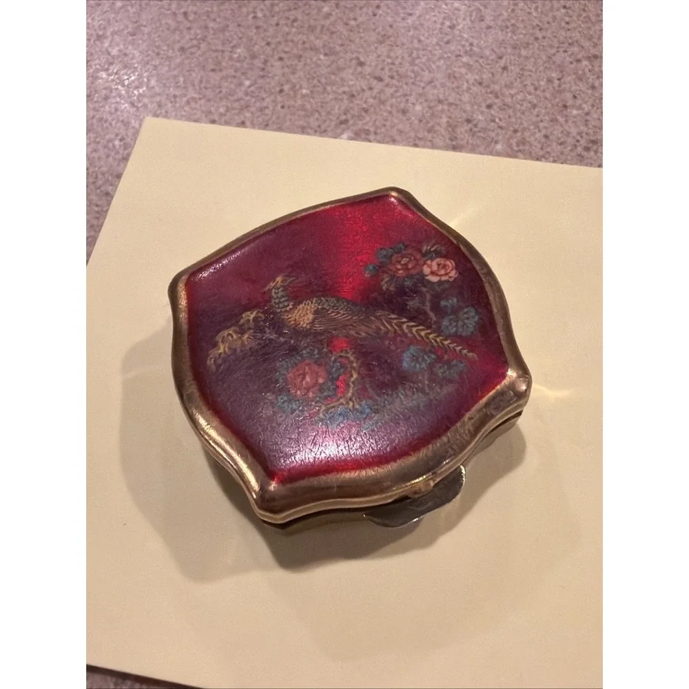 Vtg Stratton England Regency Pill Box Pheasant Red Enamel & Gold Tooth Fairy